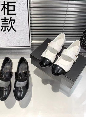 法式复古一字带菱格粗跟单鞋