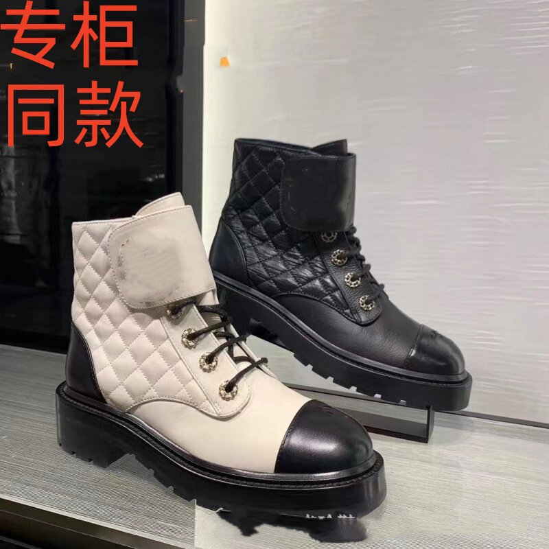 增高真皮厚底菱格短靴女2026秋冬新款圆头英伦风拼色系带马丁女靴