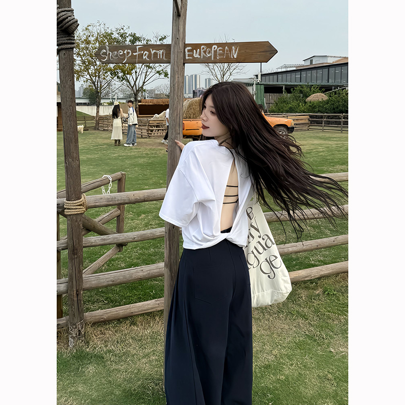 大码胖mm美式复古辣妹风露背短袖T恤女2025新款夏季宽松显瘦上衣