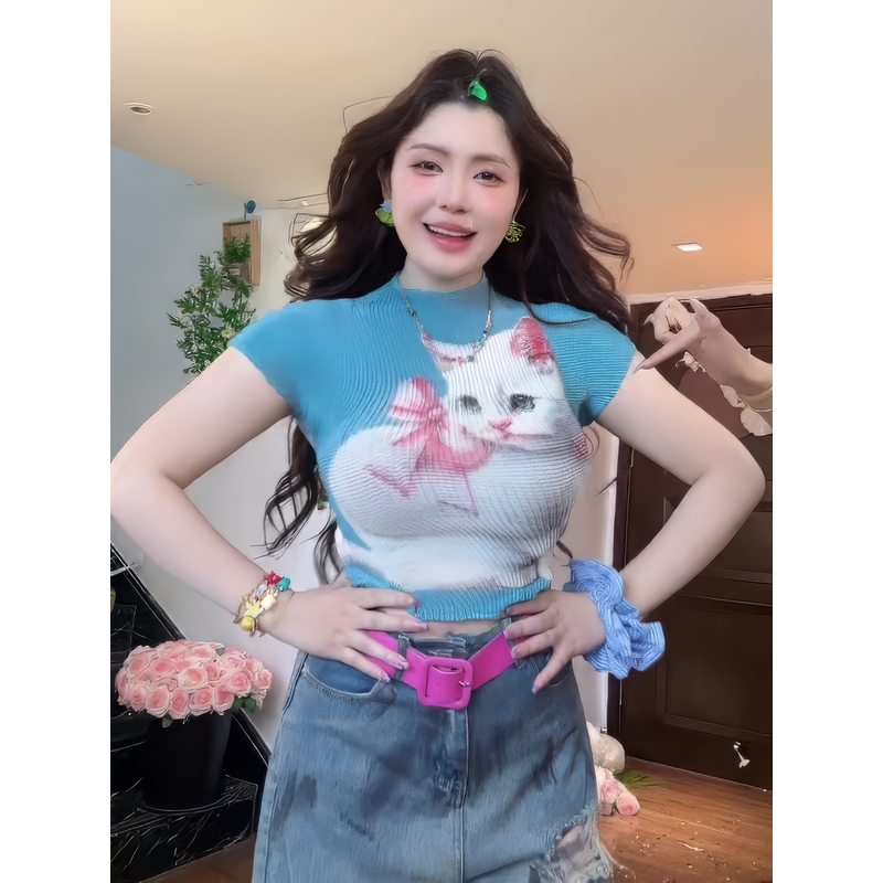 大码胖mm可爱猫咪印花短袖T恤女2025新款夏季修身显瘦遮肚子上衣