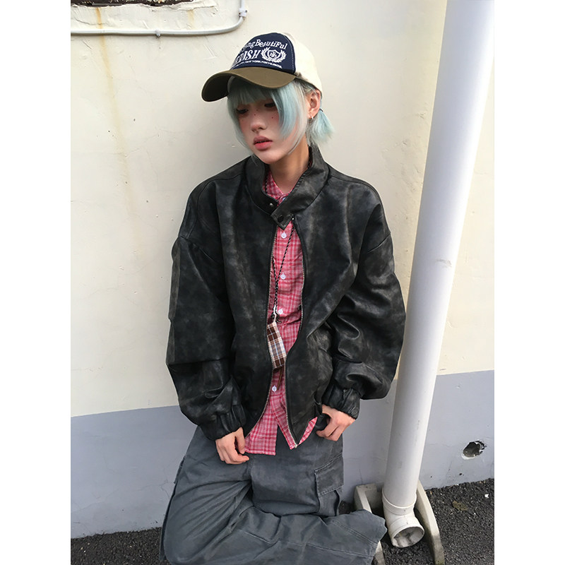 OPUP 美式复古立领工装夹克男女同款潮牌水洗做旧pu皮衣休闲外套