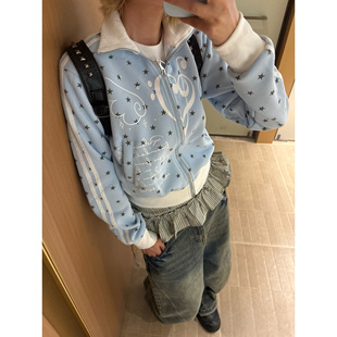 OPUP 美式潮牌星星满印短款开衫拉链外套春季女款休闲百搭上衣潮