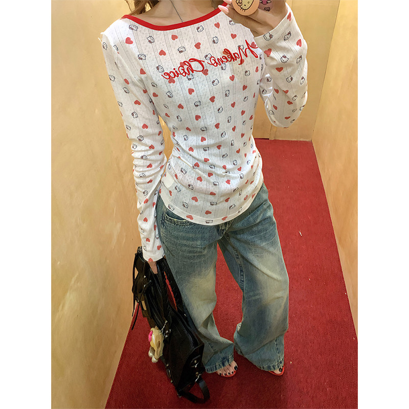 OPUP 酷甜可爱kt猫斜肩长袖t恤女夏季潮牌防晒透气罩衫刺绣上衣