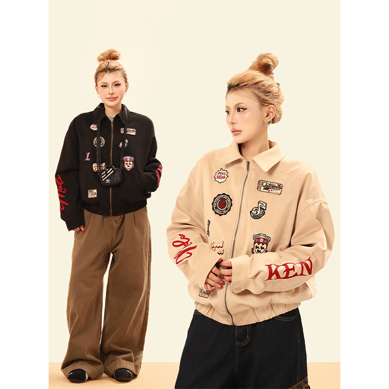 OPUP 美式复古徽章刺绣潮牌夹克小众设计感男女麂皮绒外套上衣潮