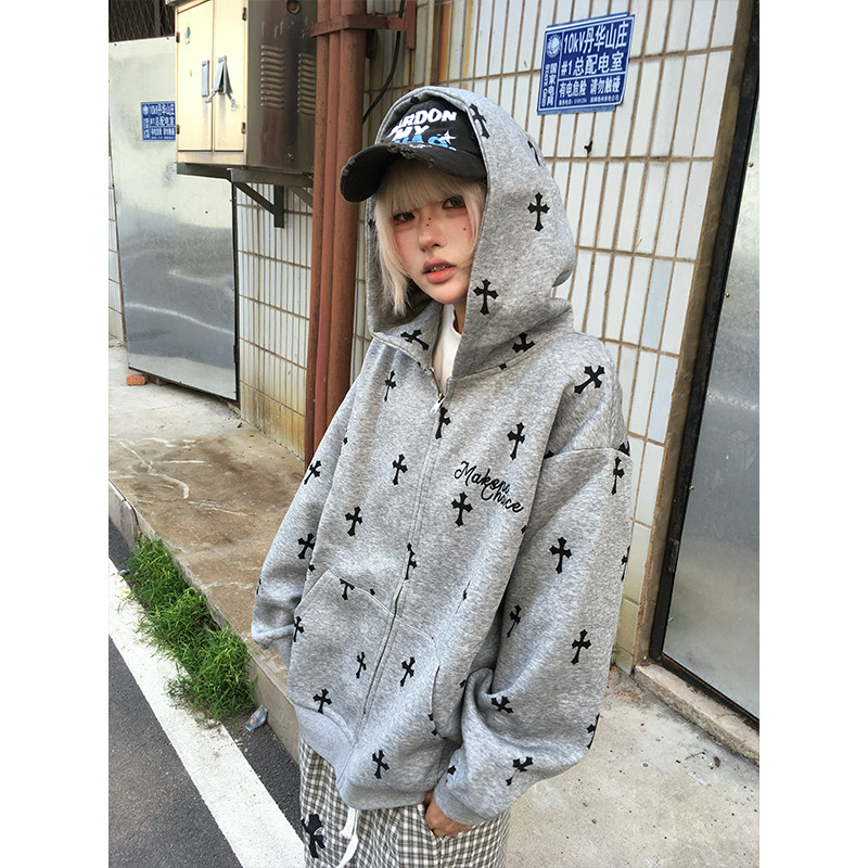 opup 十字架潮牌外套男女同款os宽松情侣开衫卫衣满印哥特风帽衫