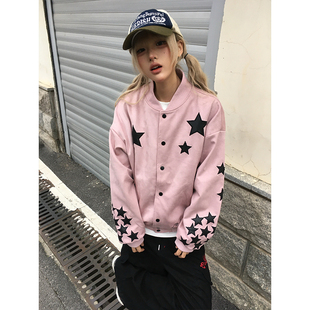 OPUP 美式复古脏粉星星麂皮外套男女同款潮牌贴皮刺绣休闲棒球服