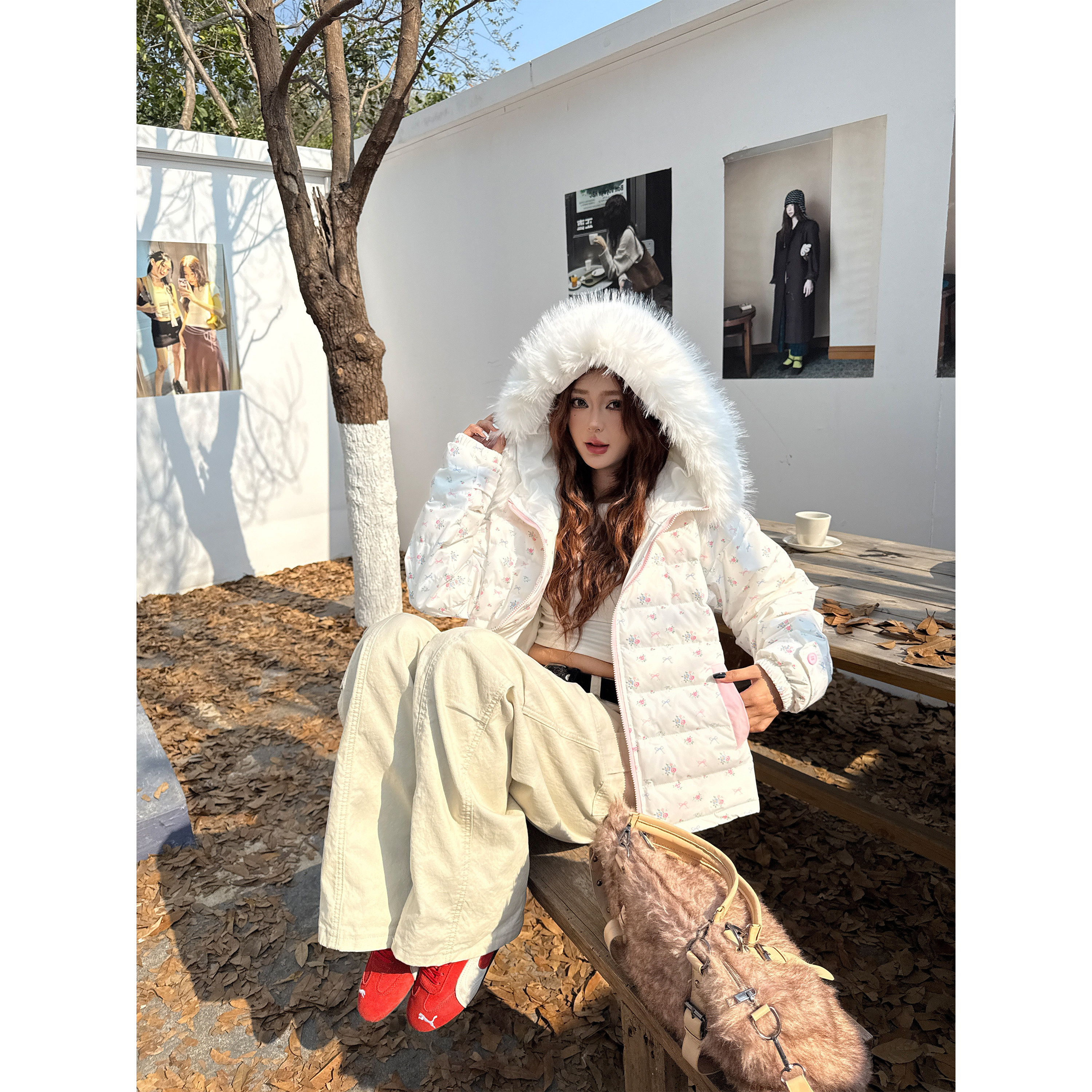 OPUP甜美碎花连帽羽绒服50白鸭绒