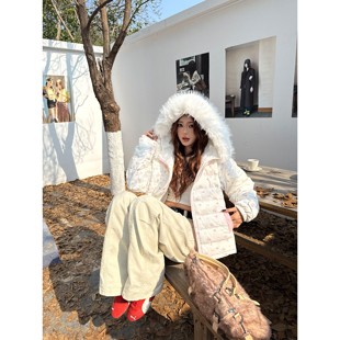 OPUP 美式甜美碎花可拆卸毛领连帽排骨羽绒服50白鸭绒女保暖外套