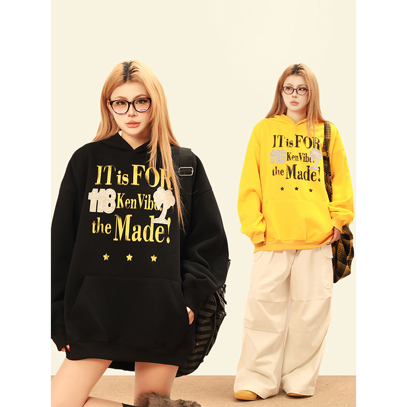 OPUP 美式复古欢幻影字母连帽卫衣男女贴布绣宽松百搭情侣上衣潮