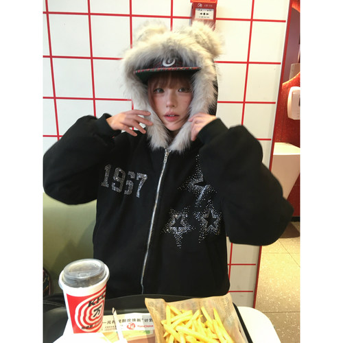 OPUP美式加绒连帽星星烫钻棉服