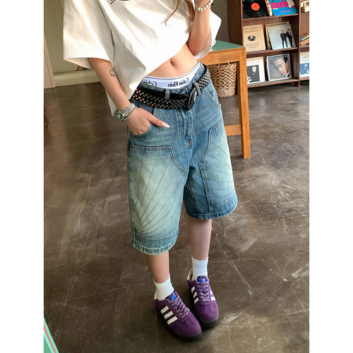 OPUP 美式复古水洗做旧伐木设计感牛仔短裤男女同款夏季拼接裤子