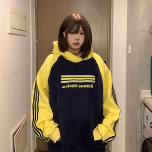 OPUP国潮原创条纹插肩袖字母连帽卫衣中性风美式宽松男女情侣上衣
