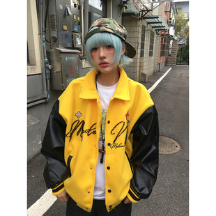 珍珠皮袖 复古黄色棒球服花朵刺绣重工外套男女同款 夹克 美式 OPUP