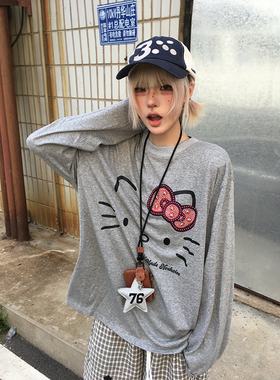 opup 慵懒风kt烫钻小猫亮片长袖T恤百搭舒适休闲宽松圆领印花上衣