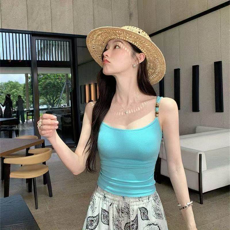 串珠多巴胺小吊带背心女带胸垫