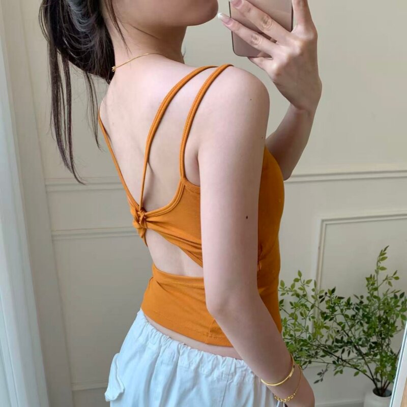 纯欲露背辣妹美背吊带背心女带胸垫性感外穿内搭显瘦设计感上衣夏
