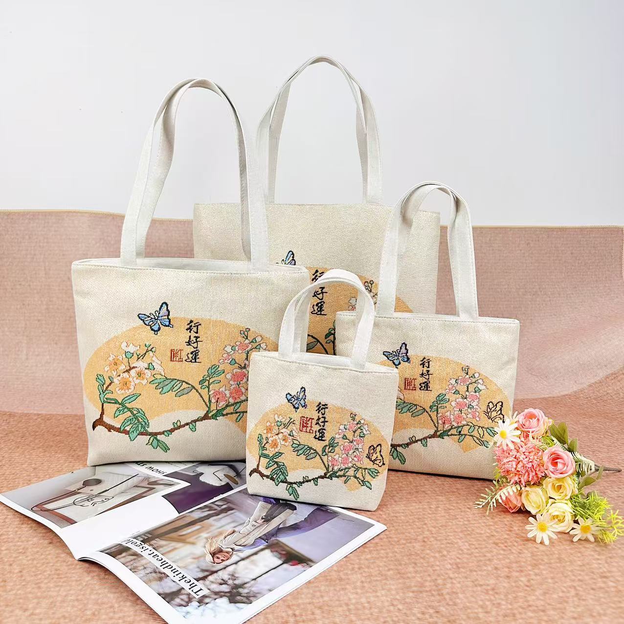 双面刺绣帆布包手提包