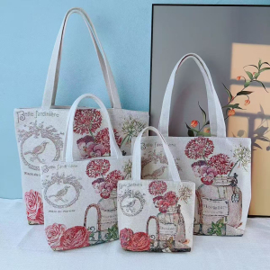 新款双面提花刺绣帆布包手提包休闲文艺瓶中花单肩包购物包妈咪包
