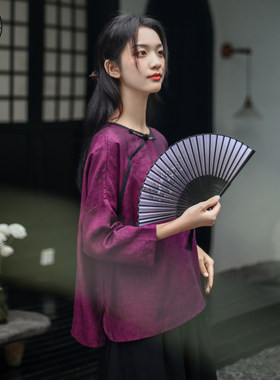 紫色亚麻禅意茶服大码