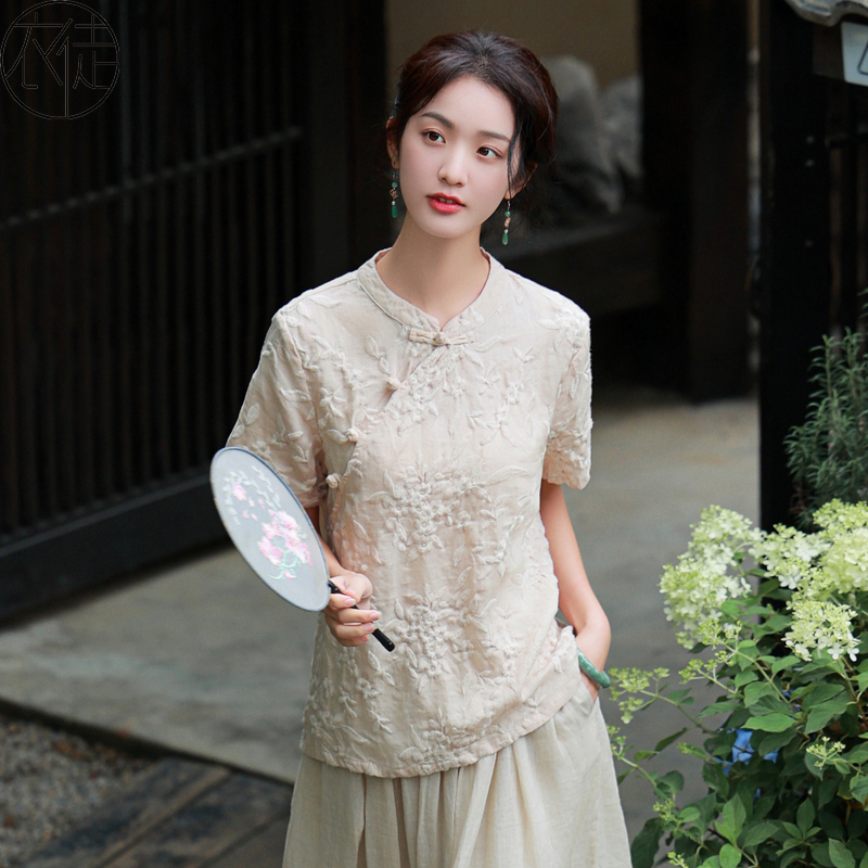 苎麻斜襟居士服女款夏季绣花唐装上衣女新中式禅意茶服茶艺师套装