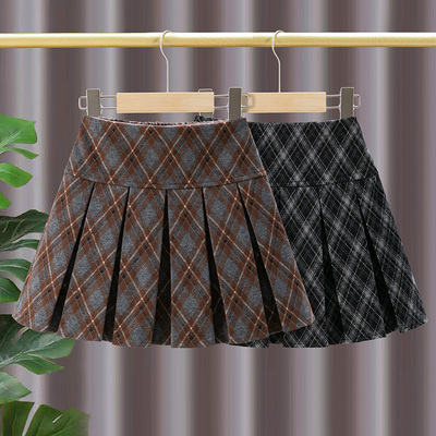 女童格子秋冬学院风毛呢裙