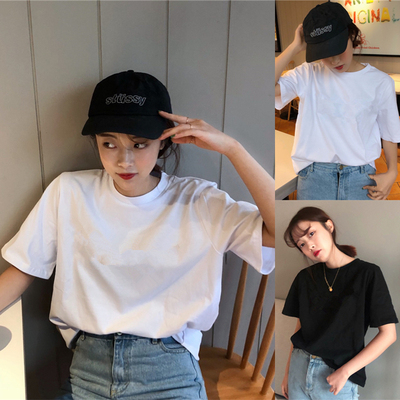 黑色正肩短袖t恤女夏季纯棉纯色黑t宽松oversize显瘦半袖体恤上衣