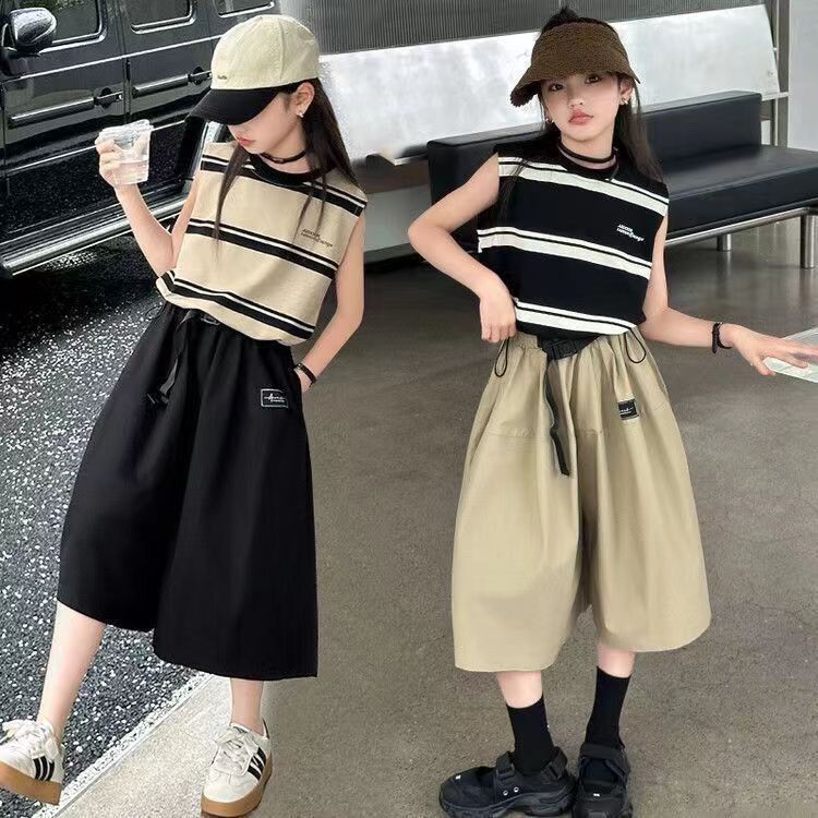 女童夏装套装2025新款儿童夏季女孩韩版时尚条纹裙裤中大童两件套