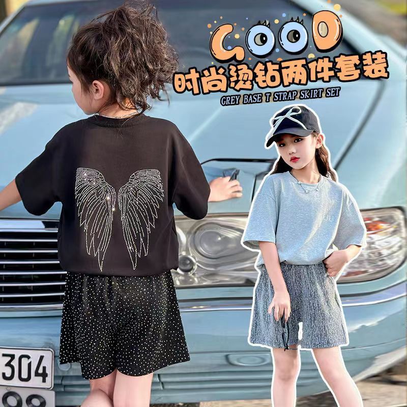 女童夏季套装2026新款短袖亮钻潮女孩套头潮流儿童洋气夏装两件套