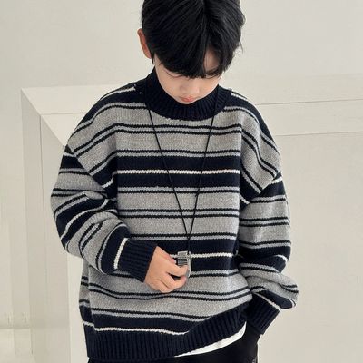 男童韩国绒毛衣2025新款儿童中大童冬季加厚条纹半高领保暖针织衫