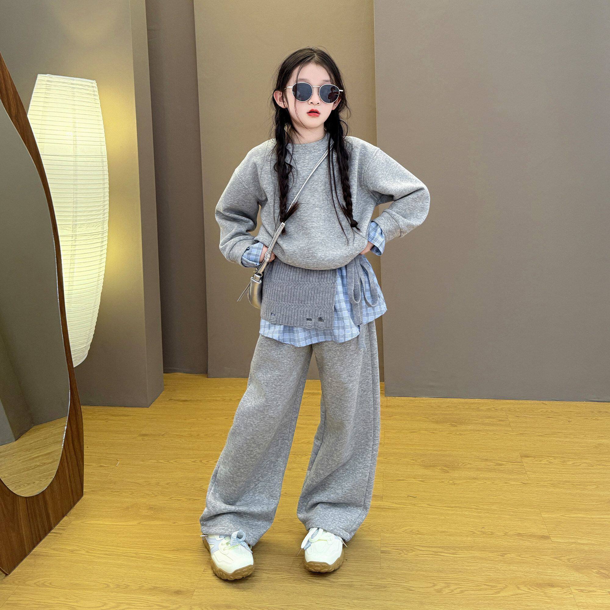 女童2026新款春秋季韩版复古拼接假两件卫衣阔腿裤穿搭套装新品潮