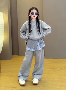 女童2026新款春秋季韩版复古拼接假两件卫衣阔腿裤穿搭套装新品潮