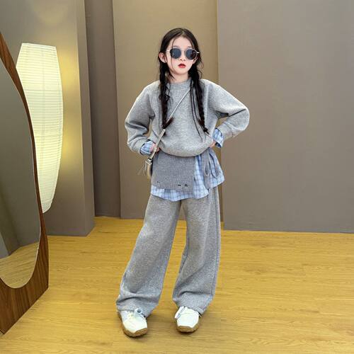 女童2026新款春秋季韩版复古拼接假两件卫衣阔腿裤穿搭套装新品潮