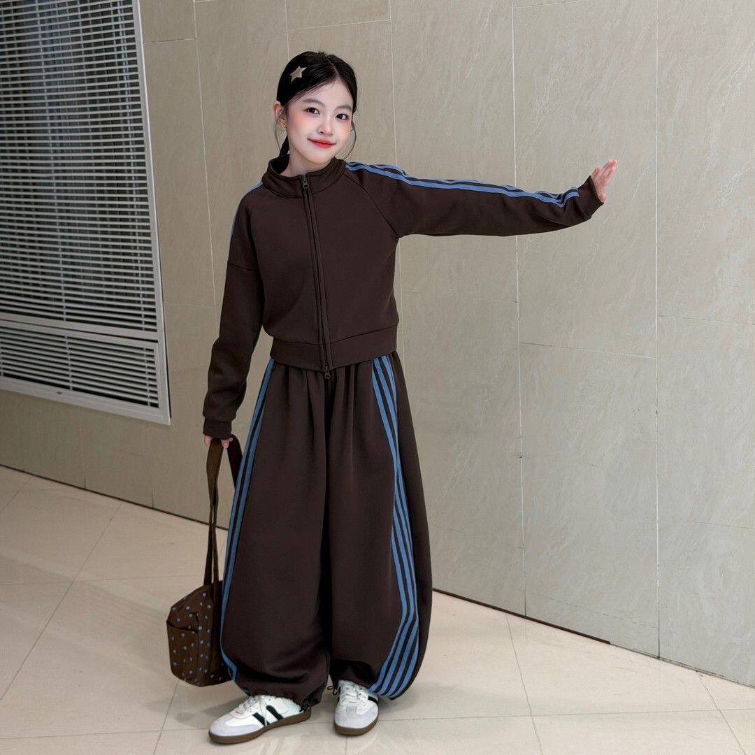 女童2026秋季新款美式撞色拉条套装休闲拼接条纹上衣阔腿裤两件套