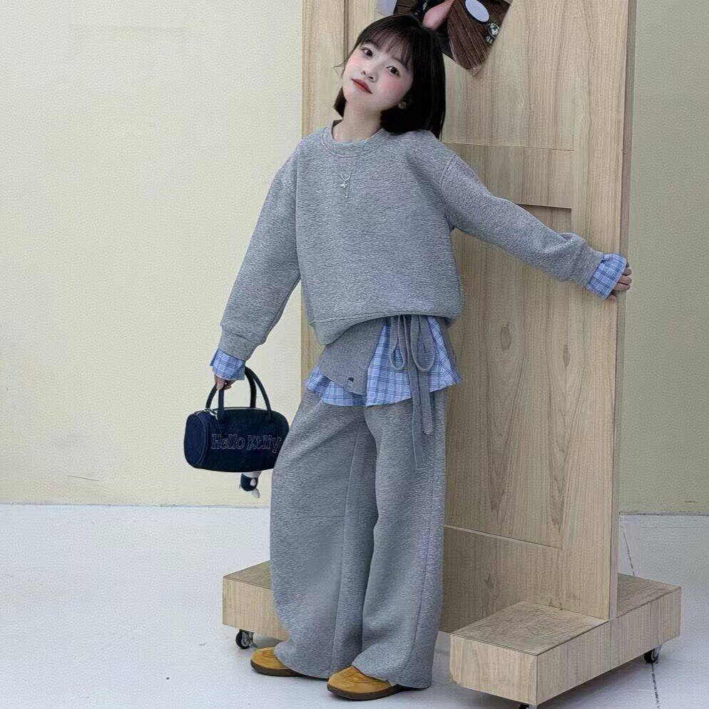 女童春装假两件卫衣套装2026新款儿童春秋屁帘裤子休闲运动两件套