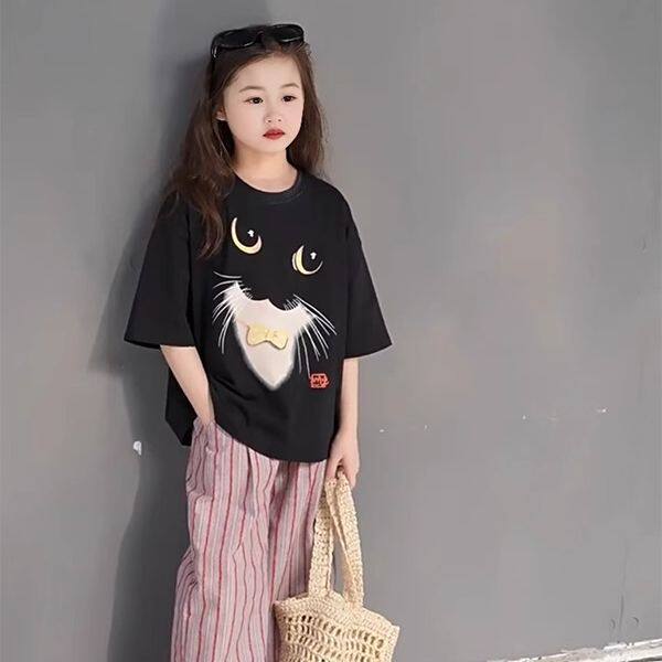 女童夏装纯棉短袖T恤2026新款印花夏季中大童韩版洋气宽松上衣潮
