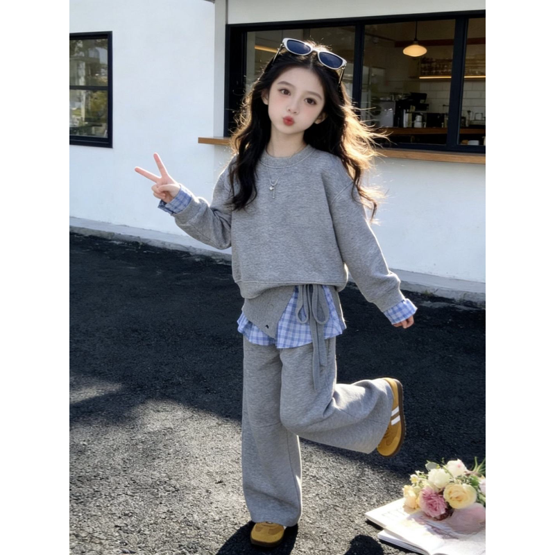 女童春装假两件卫衣套装2026新款儿童春秋屁帘裤子休闲运动两件套