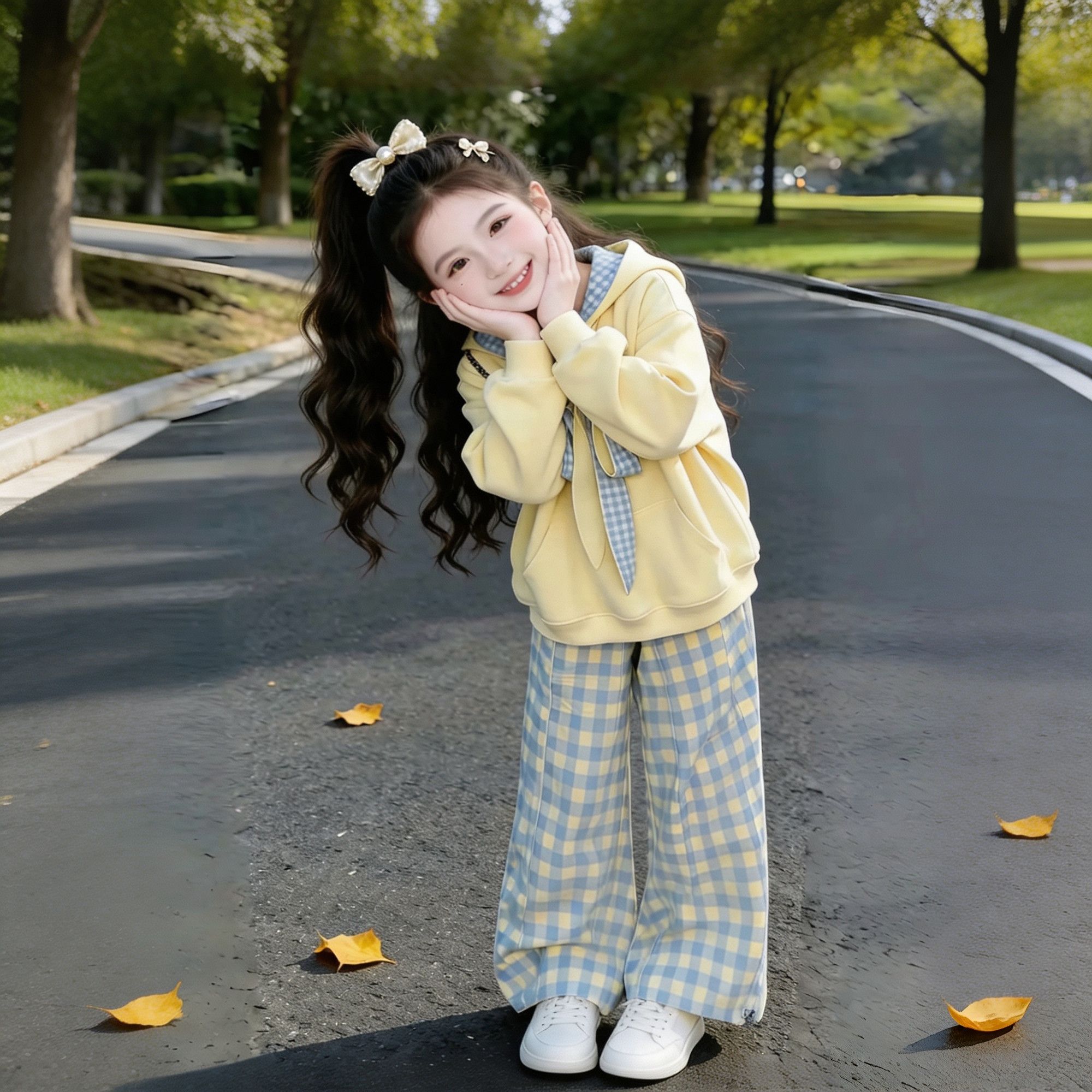 女童休闲卫衣中大童格子裤两件套