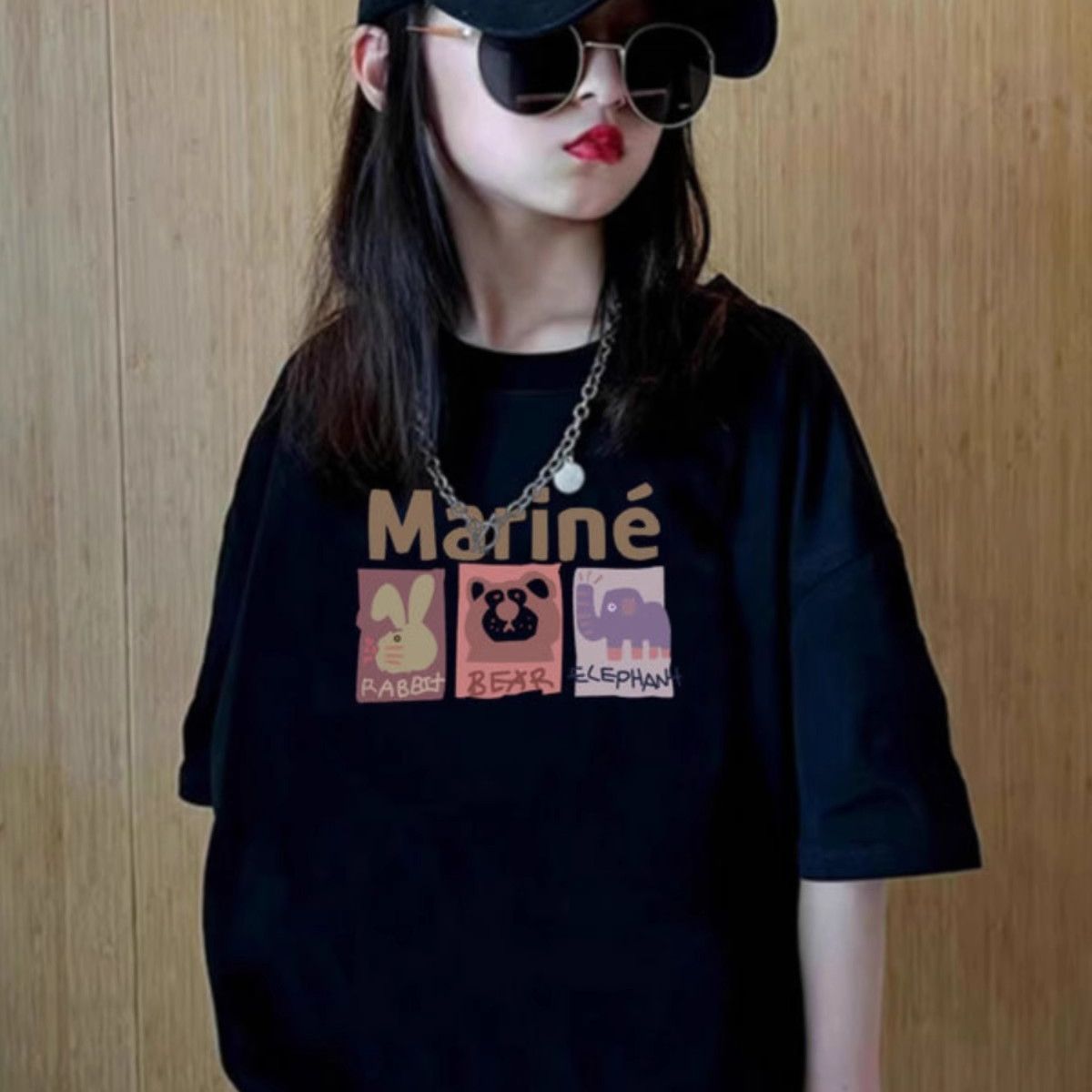 女童夏装短袖纯棉夏装新款夏季儿童半袖宽松女孩黑色中大童上衣