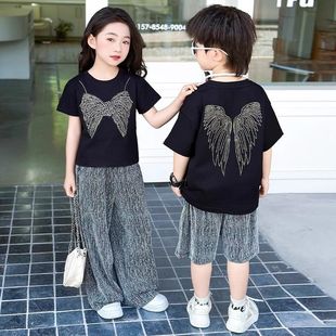 儿童夏季新款兄妹装短袖t恤阔腿裤套装潮外穿儿童爆闪洋气两件套
