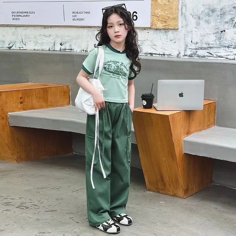 女童夏季套装2026新款洋气时髦网红女孩炸街工装裤短袖韩版两件套