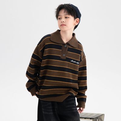 男童冬装polo领毛衣2025新款儿童条纹针织衫中大童线衣秋冬季加厚