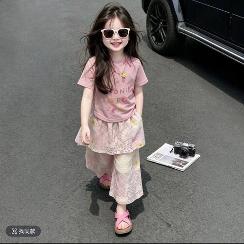 女童夏季套装2026新款韩系女孩洋气粉色卡通儿童屁帘裤薄款两件套