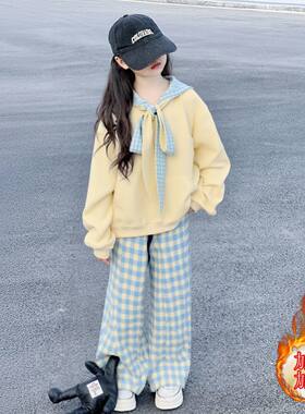 女童冬季套装2026新款儿童秋冬洋气女孩加绒卫衣格子裤加厚两件套