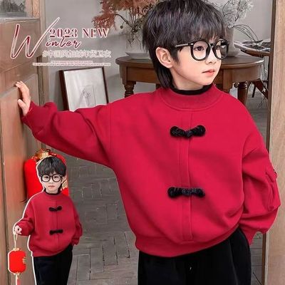 男童加绒卫衣冬装2025新款儿童秋冬季红色中国风上衣男孩加厚潮服