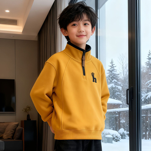 男童加绒卫衣2026新款中大男孩厚立领半拉链打底衫儿童冬季内搭潮