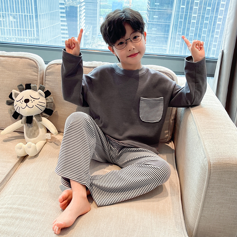 男童睡衣春秋款2025新款中大童家居服套装儿童德绒条纹宽松秋衣裤