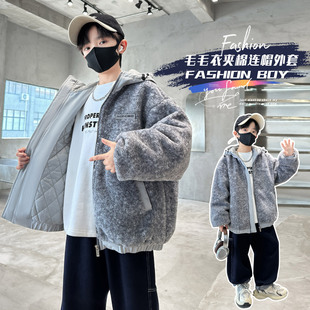 男童毛毛衣外套2025新款洋气中大儿童秋冬款夹棉加厚冬季二棉衣潮