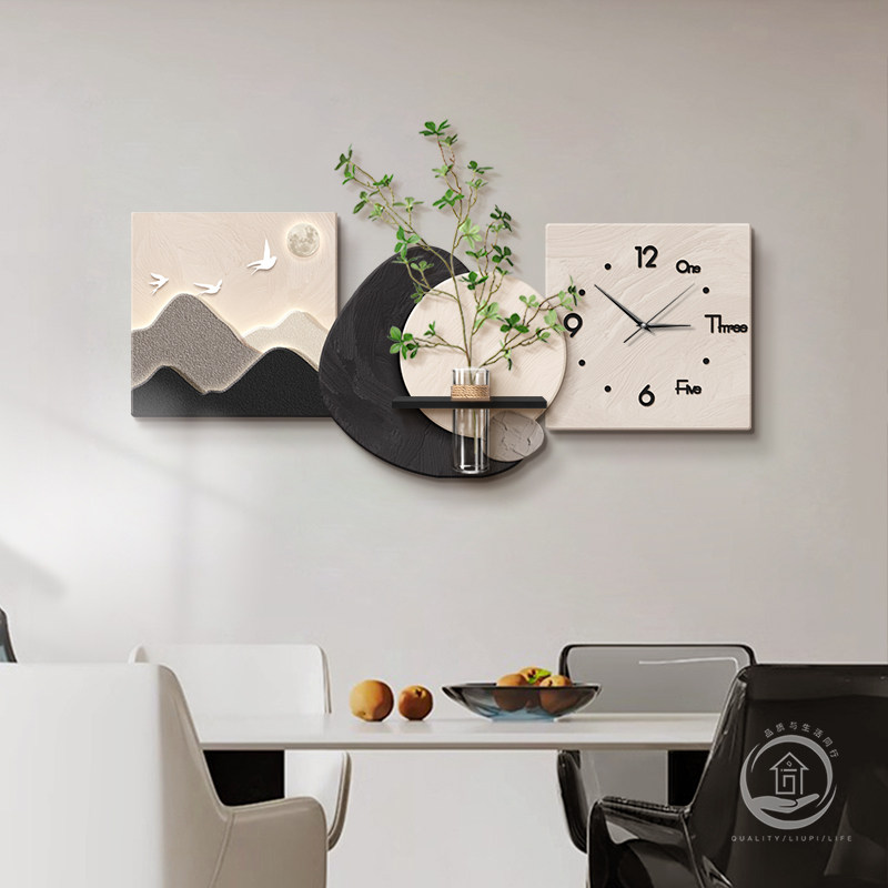 现代轻奢饭厅装饰画带钟表饭厅餐桌墙面挂画背有靠山壁画2025新款