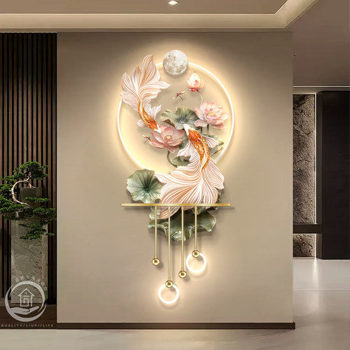 现代轻奢玄关装饰画入户正对门锦鲤高档发光灯画高端走廊过道挂画