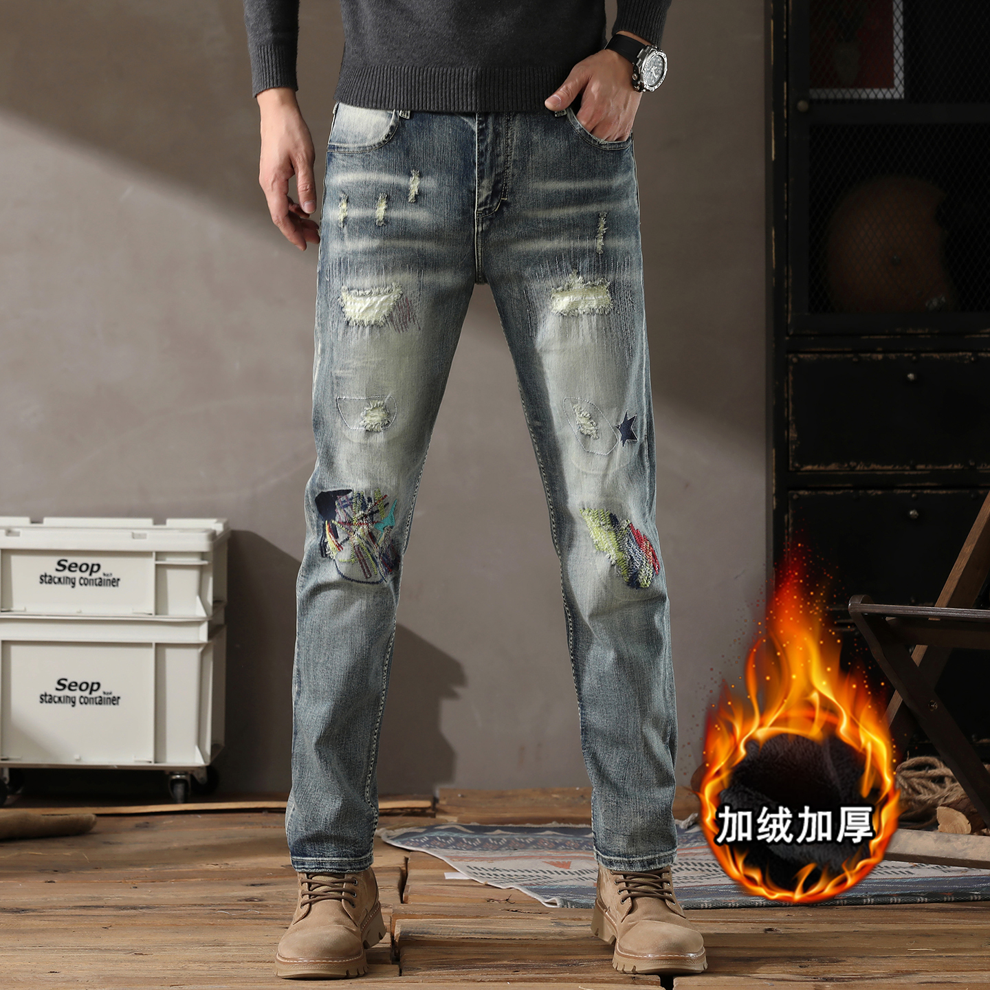 美式复古加绒牛仔裤男秋冬新款